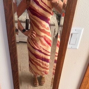 RACHEL Rachel Roy Cream Midi Dress with Pink & Red Wave Print- Small- NWT